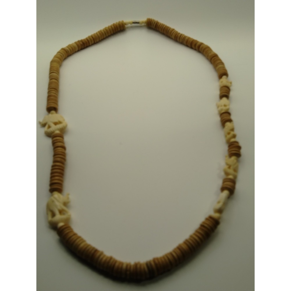 Vintage Necklace, Wood Beads‎ And Carved Elefants, 31" Inch Long